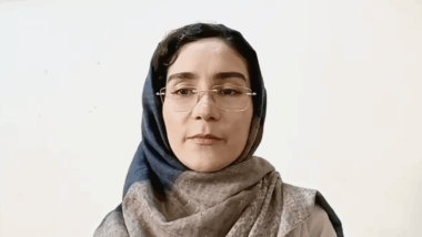 Woman in headscarf from SAT-7 PARS programme