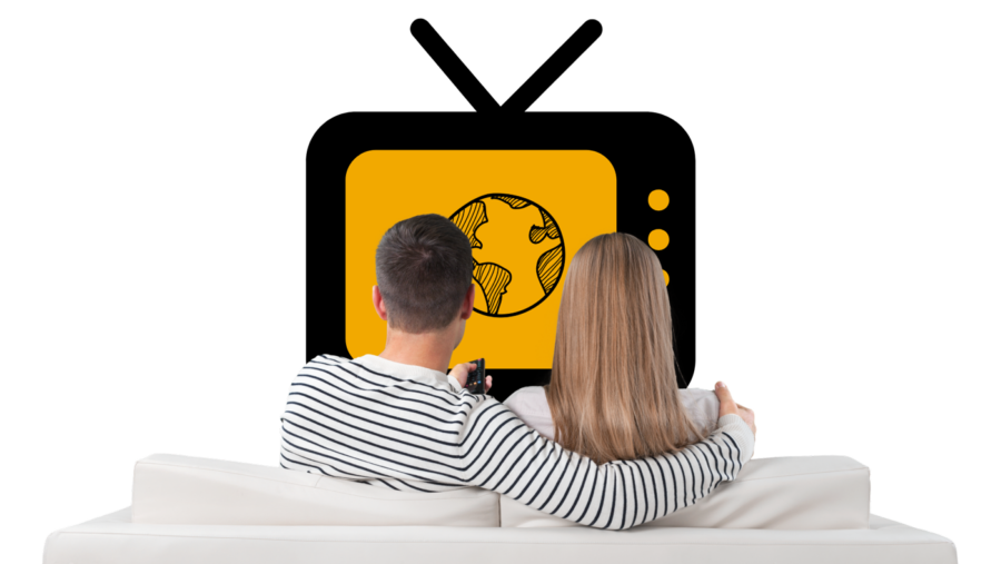 Two people sat on sofa